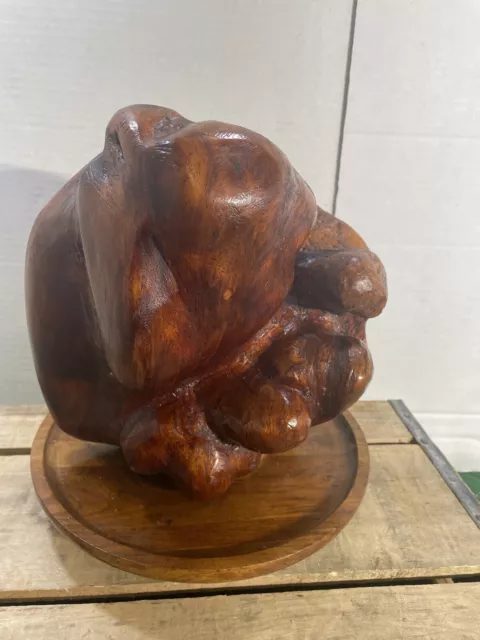Vintage Hand Carved Abstract Art Walnut Wood Statue Man Weeping Yoga