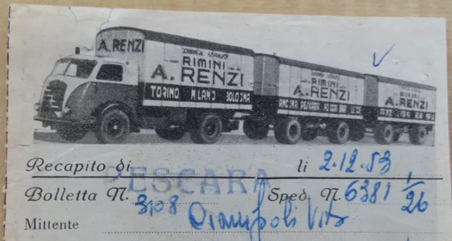 1953 Bollettino Fattura  Trasporti A. Renzi Rimini Illustrato