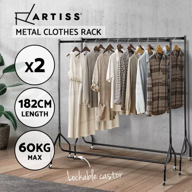 Artiss 2X Clothes Rack Rail Stand 6FT Metal Garment Coat Hanger Portable Wheels