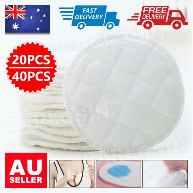 40pcs White Bamboo Cotton Reusable Breast Pads Nursing Organic Plain Washable AU