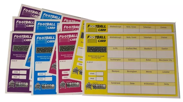 FOOTBALL SCRATCH CARDS 20 30 40 50 and 80 Team Fundraising A5 Card Charity Event 2