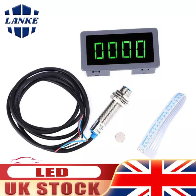 4 Digital Green LED Tachometer RPM Speed Meter+Hall Proximity Switch Sensor NPN