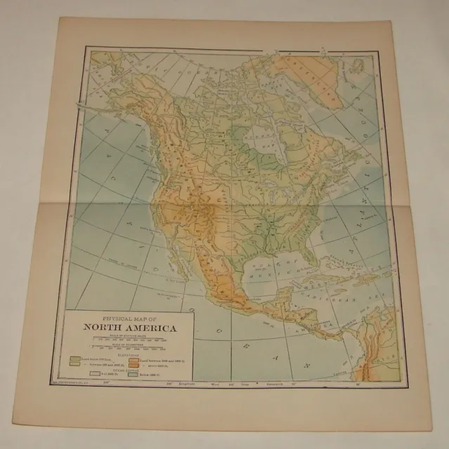 1918 map ~ Physical Map of NORTH AMERICA ~ Canada, USA, Mexico