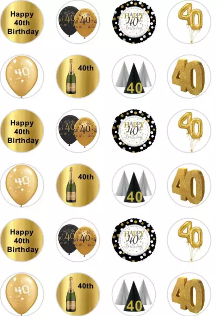 24 x PRECUT 40TH BIRTHDAY GOLD/40 YEAR OLD RICE/WAFER PAPER CUP CAKE TOPPERS