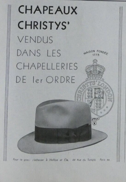 PUBLICITÉ DE PRESSE 1931 CHAPEAUX CHRISTYS CHEZ LES CHAPELIER DE 1er ORDRE