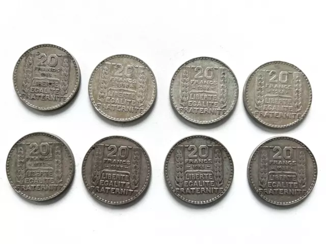Lot de 8 pièces 20 F Turin en argent