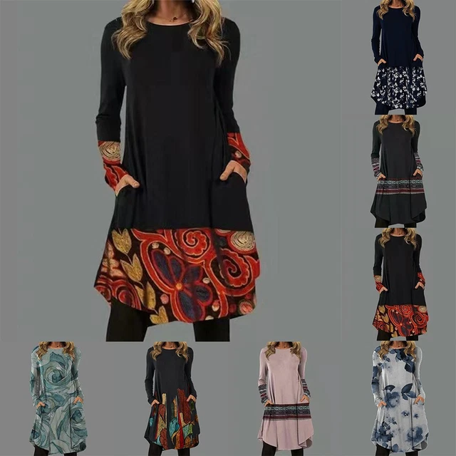 Abito casual e alla moda donna nuovo bohémien con stampa vintage con tasche