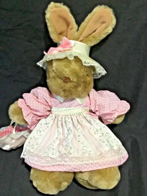 VINTAGE RETRO BUNNY Rabbit Plush Stuffed Toy in bonnet pink dress