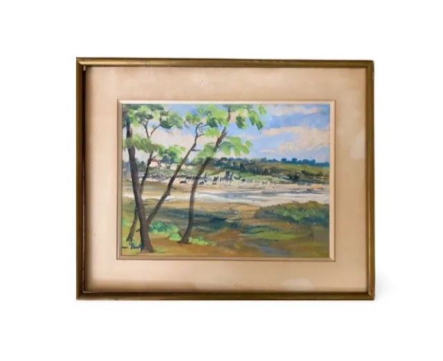 Ancien tableau XX gouache paysage arbres village Bretagne impressionnisme signé
