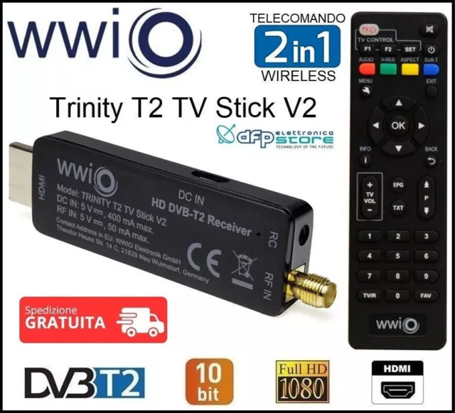 Decoder Digitale Terrestre Dvb-T2 HD HDMI Hevc H265 10 bit Mini Stick Ricevitore