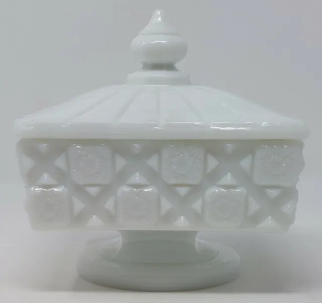 Westmoreland Milk Glass Old Quilt Pattern Lidded Compote Square Candy Dish