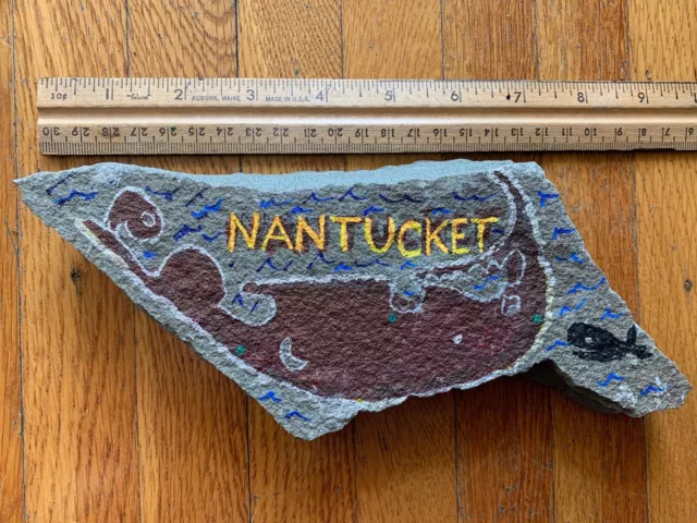 Nantucket MA Map Painted Slate Rock Paper Weight Folk Art Whaling Primitive