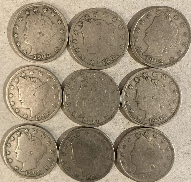 1908 Coin LIBERTY HEAD NICKELS Lot 9 Coins Different Years 1900-1908 £3.95 ...
