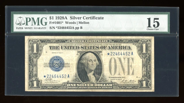 DBR 1928-A $1 Silver Funnyback STAR Fr. 1601* PMG 15 Serial *22464452A