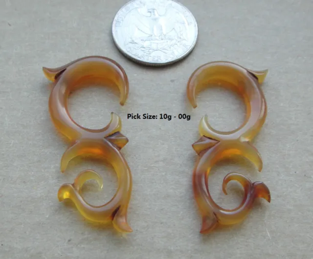 Pair Organic HandCarved Golden Horn Tribal Swirl Spirals Taper Hanger Plug GAUGE