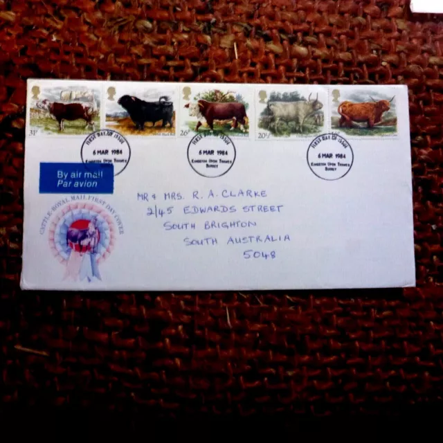 Cattle 5 Stamps Royal Mail Fdc Airmail Postally Used To Australia 1984