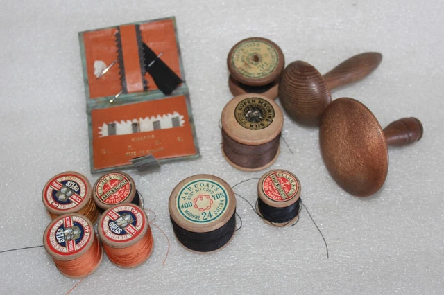 VERSCHIEDENE VINTAGE NÄHARTIKEL 2x HOLZ DARNER FÄDEN & SCHARF GEHÜLLT NADEL SET