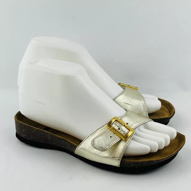 Womens 5.5 EuroWellness Cork Slides Metallic Gold Leather Buckle Balance Sandals