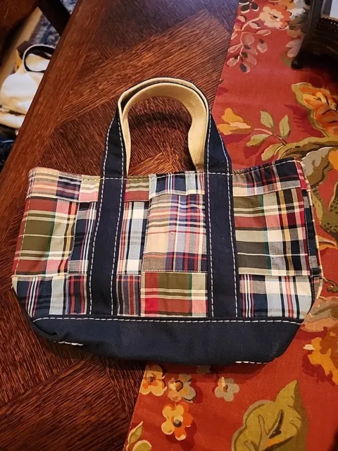 Vtg LL Bean Small 11.5 x 7" Madras Patchwork Sturdy Cotton Canvas Tote Bag
