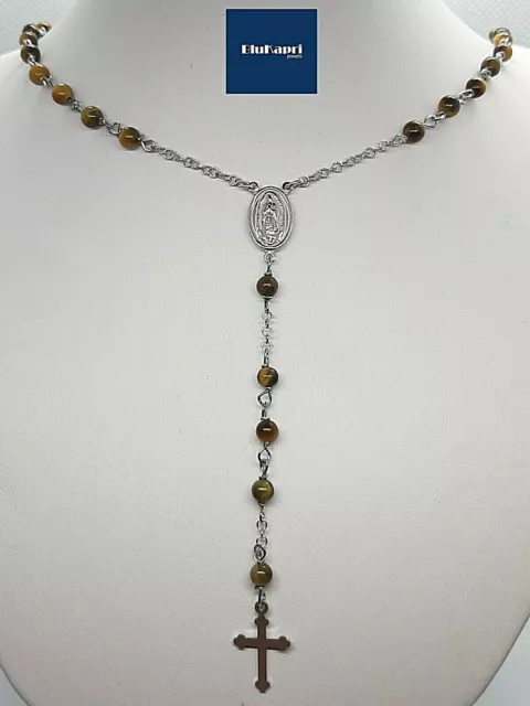 Collana rosario in Argento e occhio di tigre naturale 4 mm