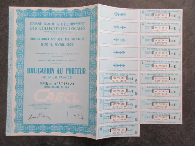FRANCE obligation CAECL 9.70 % 1979 avec coupons TBE lot HS89