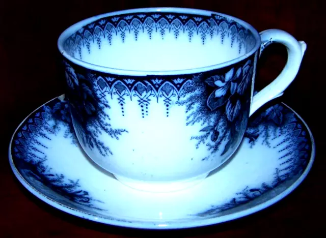 Antique Flow Blue K & G France Luneville Violette Pattern Oversize Cup w/Saucer