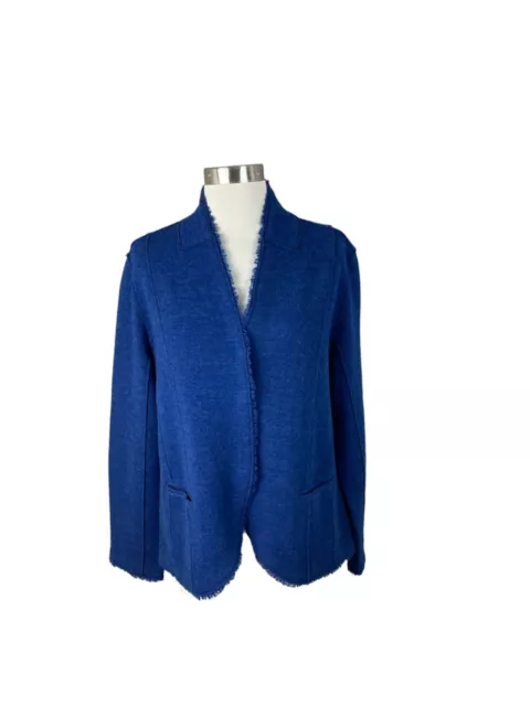 Eileen Fisher Blue Merino Wool Seamed Snap Front Sweater Blazer Jacket Large