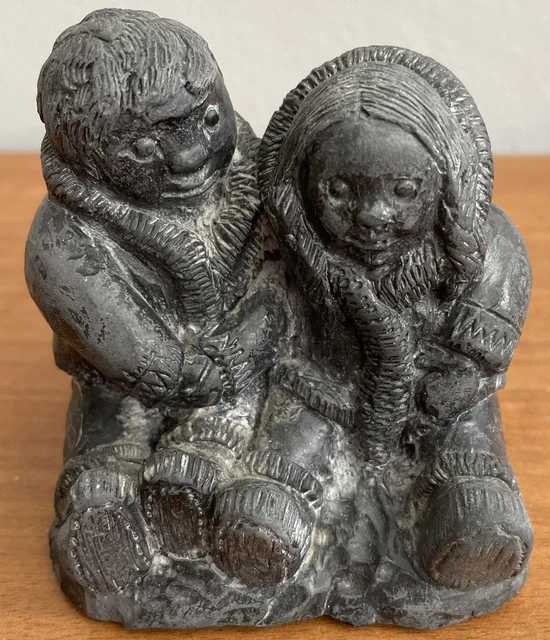 VINTAGE WOLF ORIGINAL Soapstone Carving Sculpture Inuit Couple Hand
