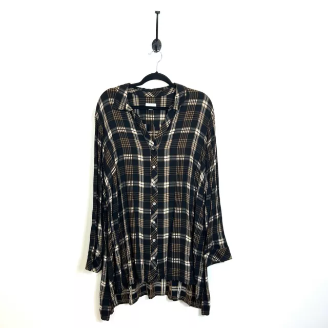 Women’s J. Jill 3X Plaid Button Down Blouse Rayon Black & Brown Long Sleeve