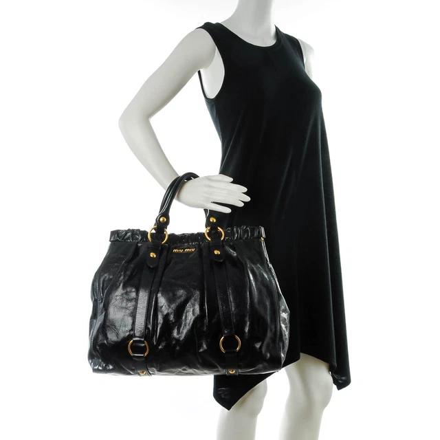 Authentic MIU MIU by Prada Calf Leather Vitello Lux Gathered Black handbag