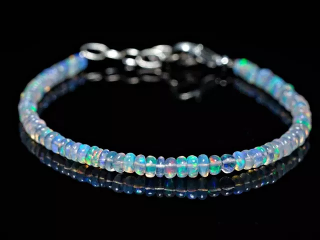 Fire Ethiopian Opal Beads 8 inches Adjustable Bracelet in 925 Sterling Silver