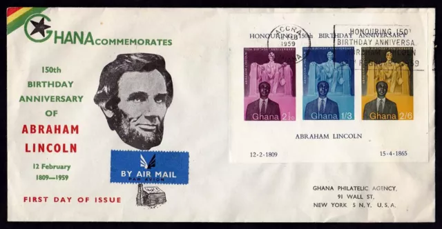 GHANA - 1959 150th BIRTHDAY ABRAHAM LINCOLN - MS - FDC REGISTERED