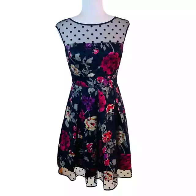 Eliza J Size S Floral Print  Fit & Flare Dress Navy Dot Mesh Overlay Sleeveless