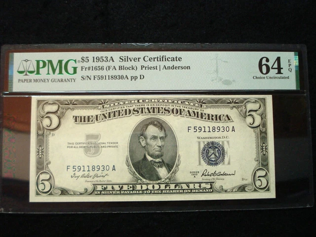 1953-A $5 Silver Certificate - Pmg 64 Epq