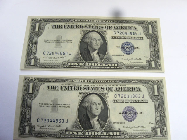 Pair of 1935 G $1 Silver Certificate Consecutive Notes Blue Seal - #10614-4