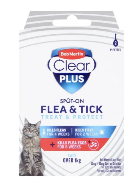 Pipeta de tratamiento de pulgas y garrapatas Bob Martin Clear Plus puntual para gatos - 2 pipetas