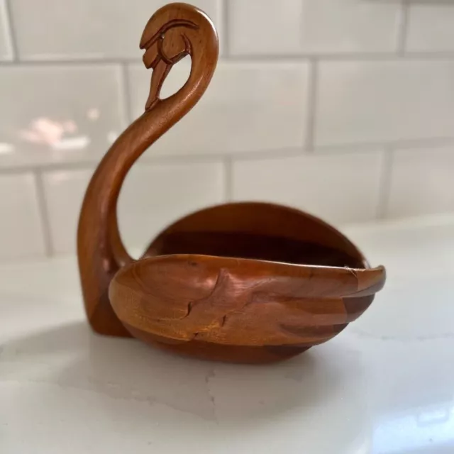 Vintage Walnut Wood  Swan Goose Bowl -Figurine -  Mid Century