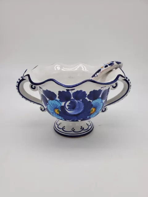 Vintage signed Italian Pottery Serving Bowl W/ Handles & Spoon Hand Painted