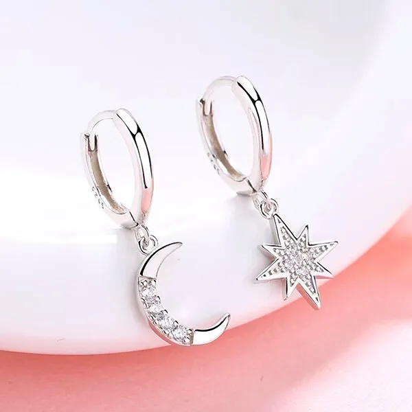 18k Gold Plated Crystal Star Moon Dangle Drop Earrings Womens Jewelry Engagement