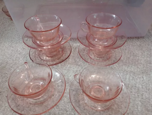 Pink  Depression Glass  Cup And Saucer Sets Beautiful Set  Of 6