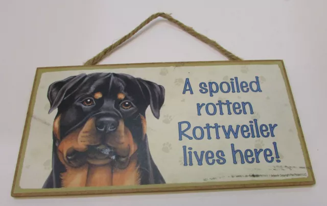 A Spoiled Rotten Rottweiler Lives Here Dog Sign 5"x10" Wood w Rope Plaque USA