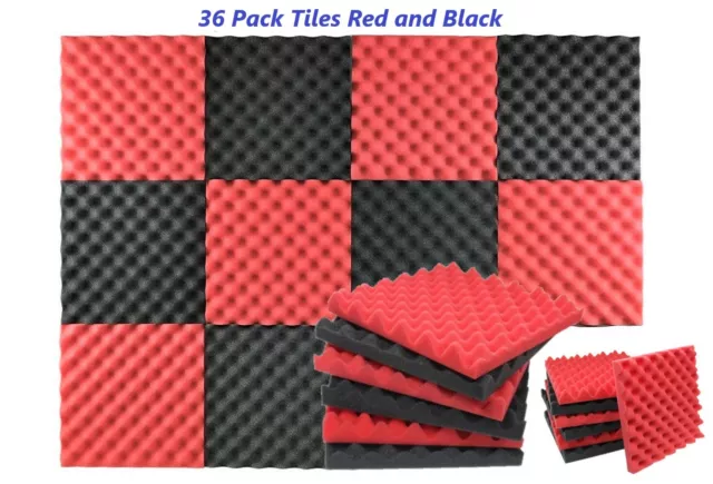 36pk Premium Acoustic Foam Black & Red Egg Wall Tile Soundproofing 12"x12"x1.5"