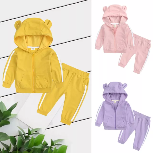 Newborn Infant Baby Boys Girls Bear Ears Hooded Zip Sweatshirt+Pants Outfits Set