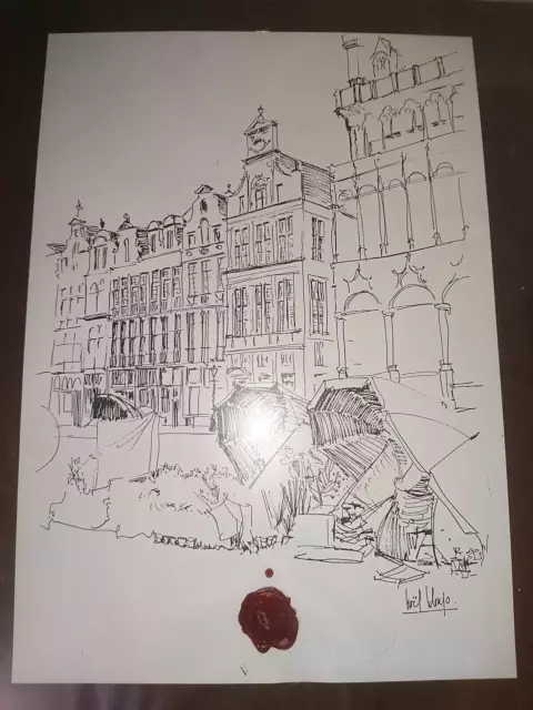 ANCIEN DESSIN ENCRE CHINE DE BRUXELLES BELGIQUE SCEAU CIRE FAMILLE LELOUP signé