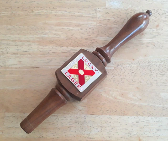 Vintage Lucky Lager Beer Pull Tap Handle Wood