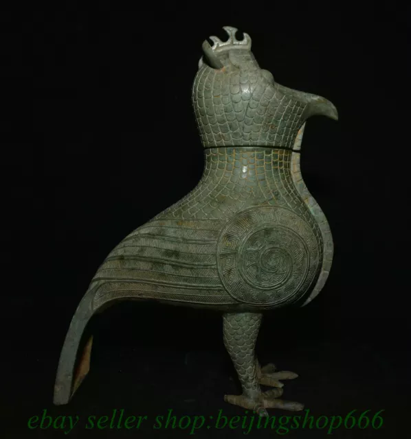 12.8" Old Chinese Bronze ware Shang Dynasty Drinking vessel Bird Zun Statue