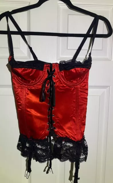 Red Satin & Lace Basque 36C by Classified With Suspenders