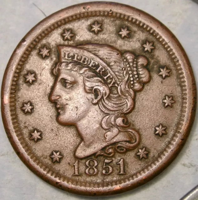 1851 Braided Hair Copper Large Cent Scarce Pre Civil War Appealing Bold Features