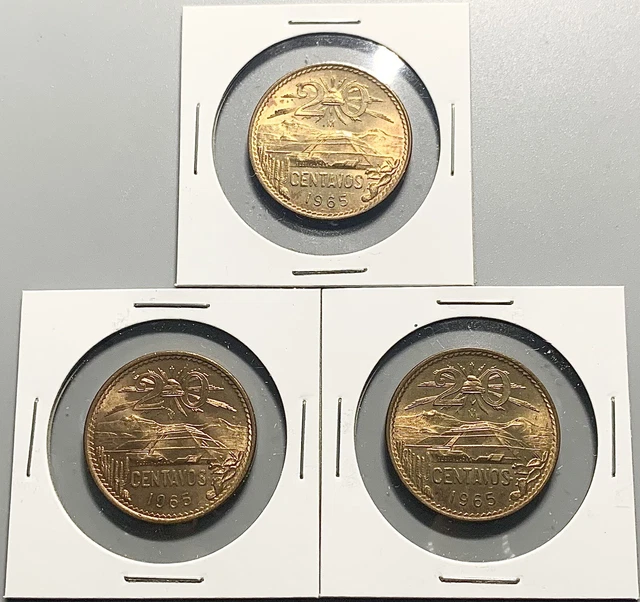 Lot Of 3 Mexico 1965 20 Centavos Copper Coins  UNC