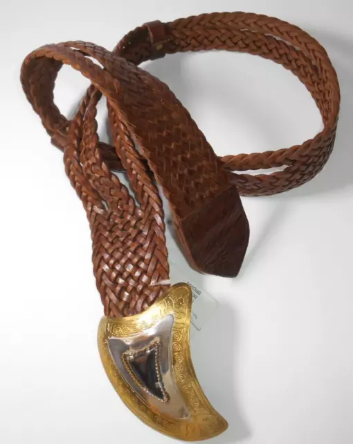 Moroccan Hand Woven Braided Leather Belt Brass Buckle & Horn Zambezi Slouch M/L